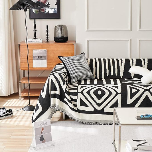 STACYPIK Reversible Boho Couch Cover Ivory Black Futon Armchair Slipcovecrs Anti-Slip Sofa Cover for Dogs Cats Geometric Triangle Couch Cover Versatile Furniture Protector for 2 Cushion Couch-71X102IN