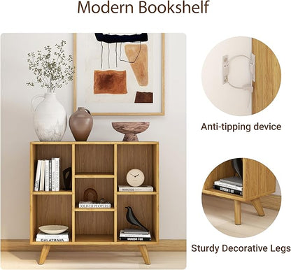Manora Bookshelf with 7 Open Storage Cubes, Wooden Bookcase Organizer, Rustic Modern Display Shelf for Living Room, Bedroom, Office