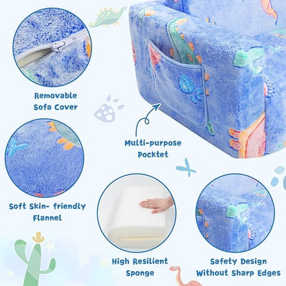 Toddler Chair Comfy,2-in-1 Soft Toddler Couch Fold Out for Kids,Convertible Sofa to Lounger,Gift for Girls and Boys Birthday,Dinosaurs,Large