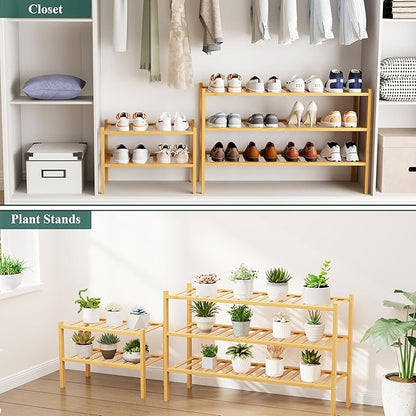 Smiry Shoe Rack, 3 Tier Small Bamboo Shoe Organizer, Stackable Free Standing Wooden Shoe Storage Shelf for Closet, Entryway, Front Door Entrance, Natural