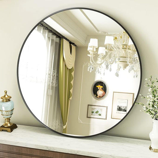 Round Mirror 36" Black Wall Mounted Circle Mirrors Vanity Mirror with Aluminum Alloy Frame Modern Decoration for Bathroom, Living Room, Vanity, Bedroom, Entryway