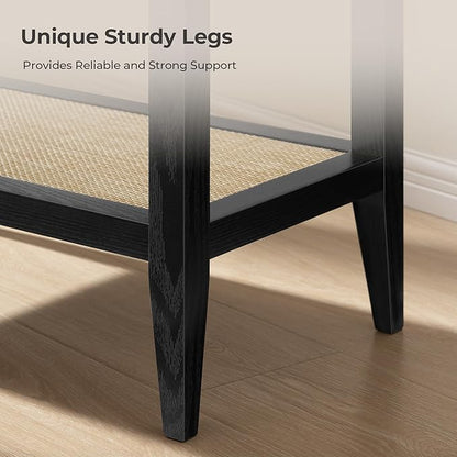 SICOTAS Rattan Nightstands Set of 2 - Boho Shelf Bedside Tables Narrow End Table Living Room Set of 2 Side Table with Rattan Storage Shelves for Small Space - Black Oak