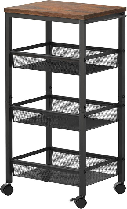 Hoctieon Rolling Storage Cart, 4-Tier Wide Panel Kitchen Storage Cart, Utility Carts with Handle & Wheels, Mobile Shelving Unit, Metal Frame Narrow Carts for Home Kitchen, Laundry, Rustic Brown