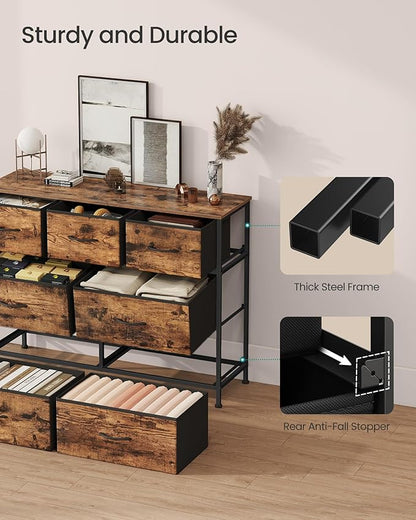 SONGMICS Dresser for Bedroom, Chest of Drawers, TV Stand, Steel, MDF, 7 Non-Woven Fabric Drawers, Storage Organizer Unit, Closet, Entryway, Rustic Brown and Ink Black ULGS323B02S