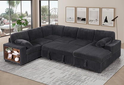 Eafurn Oversized U Shaped Convertible Sleeper Sectional Sofa w/Pull Out Couch Bed, 6 Seater Corduroy Upholstered Corner Lounge Sofa Couch Sleeper Sofabed w/Storage Chaise,Shelves