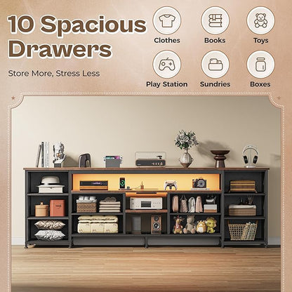 Huuger 70.9 Inch LED TV Stand Dresser with Power Outlets, USB-C Port and LED Lights, 10 Fabric Drawer Dresser for Bedroom, Long Entertainment Center for 75, 80 Inch TV, Open Shelves, Rustic Brown