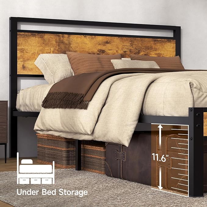 Z-hom Upgraded King Size Bed Frame, Heavy Duty Metal Sturdy King Bed Frame with Modern Wood Headboard & Footboard, Stable Platform Bed Furniture Bed Storage, No Noise, No Box Springs, Vintage Brown
