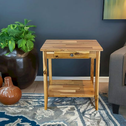 2-Tier Solid Acacia End Table w/Drawer