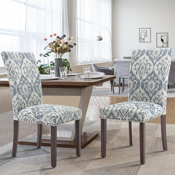 COLAMY Upholstered Parsons Dining Chairs Set of 4, Fabric Dining Room Kitchen Side Chair with Nailhead Trim and Wood Legs - Blue/White Flower