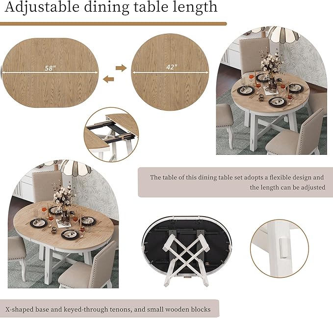 Need Extendable Farmhouse Round Dining Table with 16" Leaf - Solid Wood Kitchen Table, Adjustable Size for Small Spaces (Oak + White)