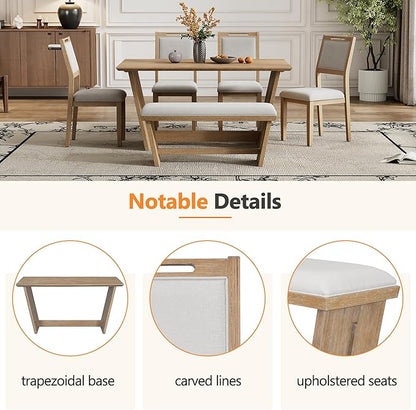 Ball & Cast 6-Piece Dining Table Set for 6 People, 60" Wood Dining Kitchen Table & Chairs Set, Rectangular Dining Room Table with Trapezoidal Base,4 Upholstered Chairs & 1 Bench, Kitchen, Espresso