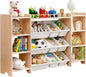 MallBest 4-Tier Kids' Toy Storage Organizer Shelf - 100% Solid Wood,Extra Wide Children's Storage Cabinet with 9 Plastic Bins and 6 Storage Ports