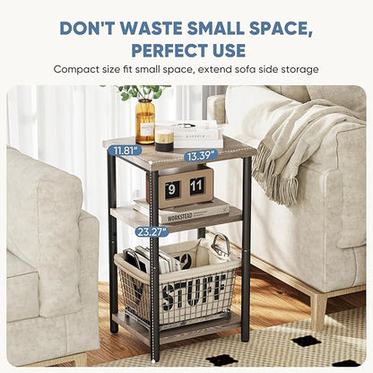 DUMOS End Table Small Side Sofa Tables 3 Tier Tall Nightstand Storage Shelf with Adjustable Feet for Living Room Bedroom Office, Grey