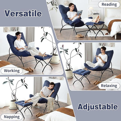 Welnow Accent Chair with Ottoman, Lounge Comfy Soft Leisure Metal Frame Reading Chair with Footrest, Upholstered Thick Cushion Seated Recliner Sofa for Living Room, Bedroom, Dorm, Navy