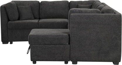 Ball & Cast 108.6" Sleeper Sectional Pull Out Sofa with 2 USB Ports,Two Power Sockets,Versatile U-Shape Couch w/ 3 Back Pillows and Storage Chaise,for Living Room,Office,Apartment,Black