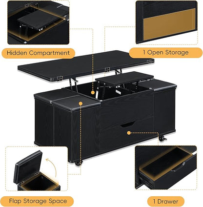 Merax Multi-Functional Lift-Top Coffee Table with Hidden Storage and Stools,Multi-Function Modern Center Table with 4 Stools and Casters,Perfect for Modern Living Spaces, Black