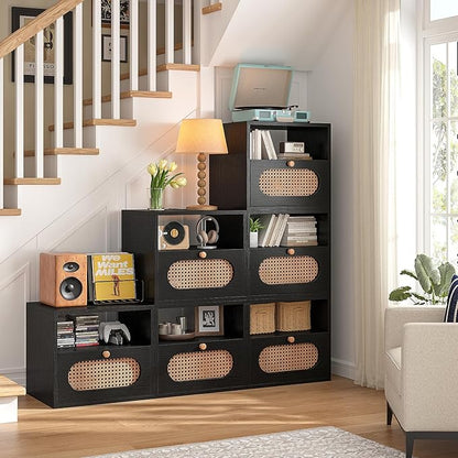 3-in-1 Modular TV Stand with Rattan Doors, DIY Media Console Boho Entertainment Center Modern TV Cabinet with Open Shelves,Black