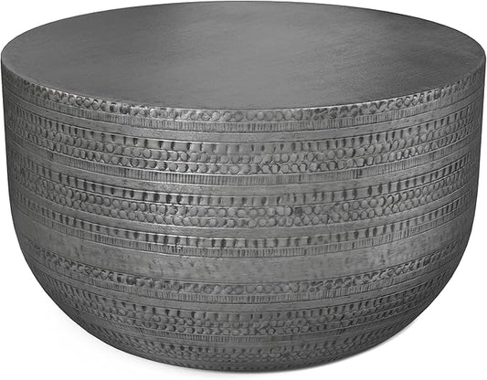 SIMPLIHOME Johnsen 30-inch Wide Metal Drum Coffee Table in Antique Silver, Boho-Style Cocktail Table for Living Room or Family Room, Assembled