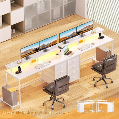 Furologee 55" White Computer Desk with 4 Fabric Drawers & Monitor Stand, Gaming Desk with Power Outlets - LED Lights, Home Office Space-Saving Study Table for Bedroom Small Spaces