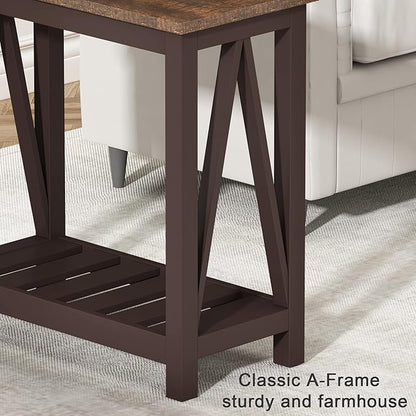 ChooChoo Farmhouse End Table, Rustic Vintage Narrow End Side Table with Storage Shelf for Small Spaces, Nightstand Sofa Table for Living Room, Bedroom Espresso