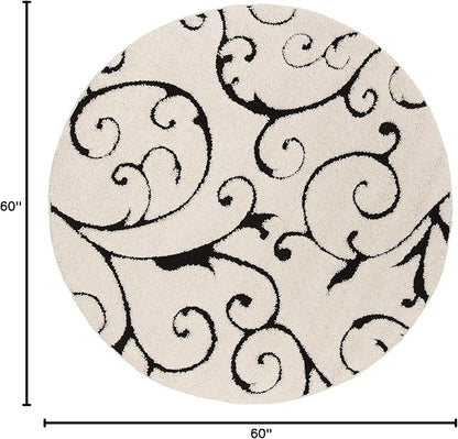 SAFAVIEH Florida Shag Collection Area Rug - 5' Round, Ivory & Black, Scroll Design, Non-Shedding & Easy Care, 1.2-inch Thick Ideal for High Traffic Areas in Living Room, Bedroom (SG455-1290)