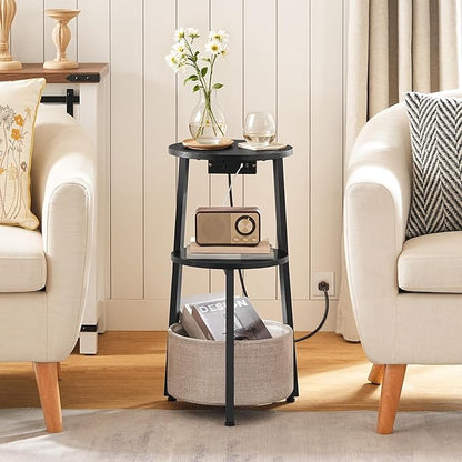 HOOBRO Small Round Side Table with Charging Station, Round End Accent Table with Fabric Storage Basket, Compact Circle Nightstand for Small Space in Living Room, Bedroom, Black BB169UBZ01
