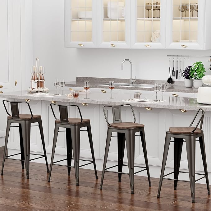 26 Inch Swivel Bar Stools Set of 4 with Backs Counter Height Industrial Metal Barstools Island Bar Chairs for Home Kitchen Dining Room (Swivel 26 inch,Rusty Wooden)