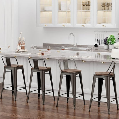 26 Inch Swivel Bar Stools Set of 4 with Backs Counter Height Industrial Metal Barstools Island Bar Chairs for Home Kitchen Dining Room (Swivel 26 inch,Rusty Wooden)