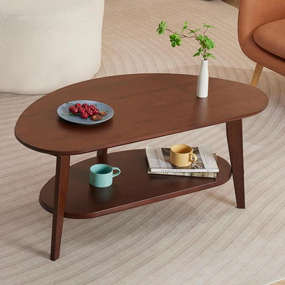 Mid Century Modern Coffee Table with Storage, 2 Tier Oval Round Coffee Tables for Living Room Home Office, FSC Certifiled 100% Solid Bamboo Wood Center Table Easy Assemble (Espresso)