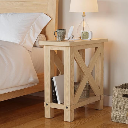 LITTLE TREE Farmhouse Side Table Set of 2, Narrow End Table for Space Saving, Bedside Furniture for Bedroom, Living Room, Small Spaces, Oak