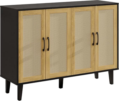 Storage Cabinet with Rattan Trim - 4 Door Sideboard Buffet Cabinet with Storage, Accent Cabinet with Shelves for Bathroom, Coffee Bar, Kitchen, Living Room, Hallway (Black)