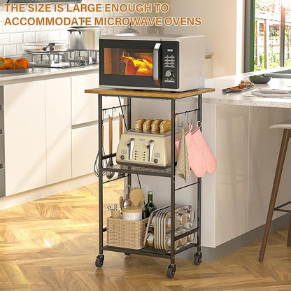 Rolling Kitchen Microwave Cart, 3 Tier Microwave Table Stand with Adjustable Shelf, Kitchen Storage Rack on Wheels, Coffee Station Cart Rack Shelf Organizer for Living Room Office, Balcony