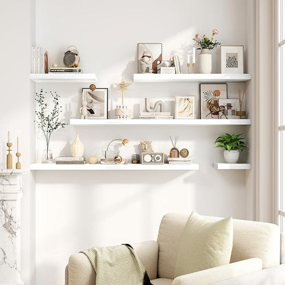 Fun Memories White Floating Shelves 16 Inch Long, 8 Deep Floating Shelf Wall Mounted, 16 x 8 Inch Wooden Bathroom Shelves, Deep Storage Shelves for Living Room, Kitchen, Set of 2
