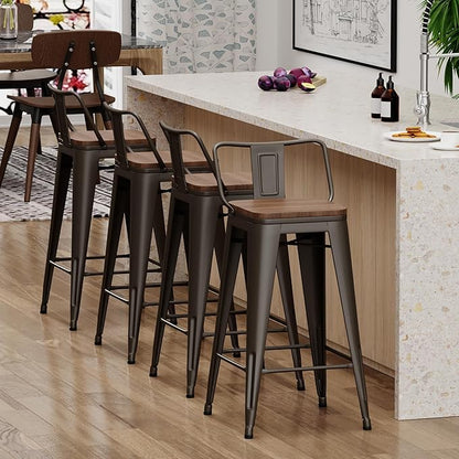 Yongchuang 24 inch Bar Stools Set of 4 Metal Counter Height Bar Stools with Wood Seat Kitchen Low Back Barstools Gunmetal