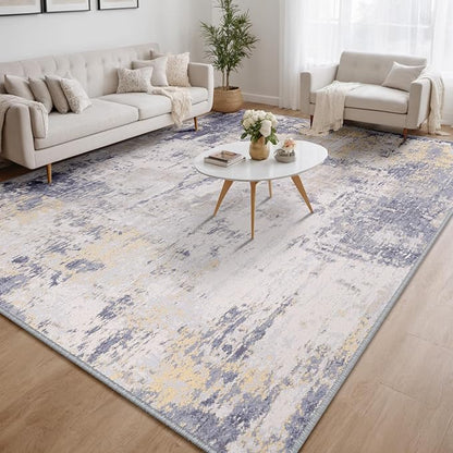 Washable Area Rugs 6'x9' Non-Slip Modern Abstract Soft for Living Room Entryway Bedroom Nursery, Print Pattern, Purple Grey Cream Yellow