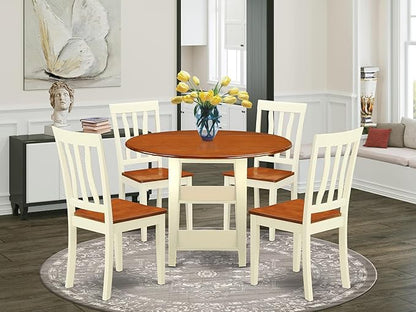 East West Furniture SUAN5-BMK-W 5 Piece Modern Dining Table Set Includes a Round Wooden Table with Dropleaf & Shelves and 4 Dining Room Chairs, 42x42 Inch, Buttermilk & Cherry