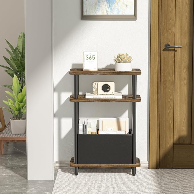 Narrow Side Table with Fabric Basket, 7" Wide, 3 Tier Skinny End Table with Wood Legs, Slim Nightstand/Bedside Table for Small Spaces, with Adjustable Feet, 15.7" L x 23" H