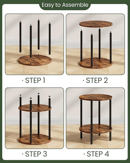 Round Side Table, 2-Tier End Table, Small Side Table with Metal Tube, Industrial Coffee Table, for Living Room, Bedroom, Rustic Brown and Black TBZ11BF