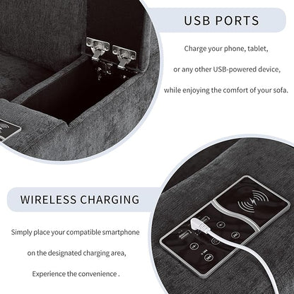 133.9 Inch Modular Convertible Sectional Sofa with Storage, USB Ports, Wireless Charging & Built-in Speaker in Arm, L-Shaped Upholstered Sleeper Couch for Living Room Office, Gray
