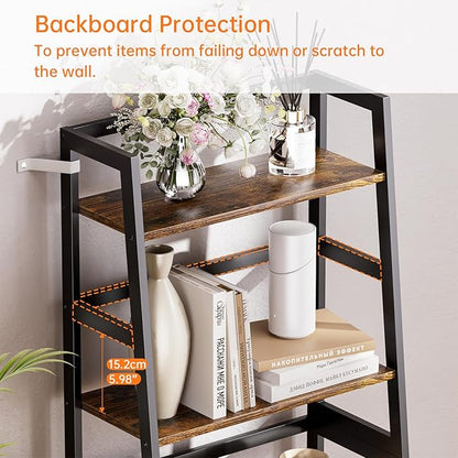 HITNET Ladder Shelf, 4 Tier Bookshelf with Bamboo Frame, Freestanding Bathroom Storage Shelving Unit for Living Room, Home Office, Bedroom, Rustic Brown and Black