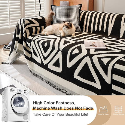 STACYPIK Boho Black Beige Couch Cover Wrinkle Resistant Sofa Cover for Cat Dog Geometric L Shaped Slipcover for Sectional Multi-Use Pet Protector for 2 Cushion Couch Tassels Recliner Cover-71x118IN