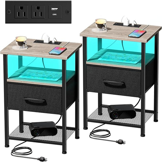 Nightstands Set of 2 with Charging Station and Drawer, End Table Bedside Table with 20 Colors LED Light Strip and 2 Layers Shelf for Bedroom Living Room Sofa (Grey)