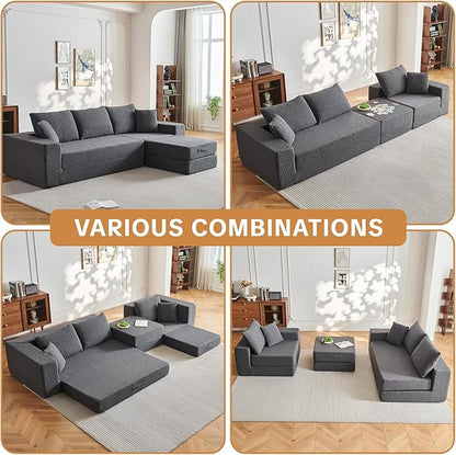 108" Modular Sectional Cloud Sofa - Boneless Couch with Deep Seat, Non Slip Base, Folding Sofa Sectional Couches for Living Room, Cozy Modular Couch with L-Shape Chaise, No Assembly Required, Grey