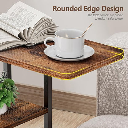 C Shaped End Table with Charging Station, Small Side Table for Couch Recliner, Slide Under Sofa Desk Snack Tables with Storage Bag & AC / USB Outlet, Small Spaces Drink Tables for Living Room, Bedroom