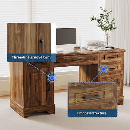 Executive Office Desk, Farmhouse 58" Office Desk with Storage, Wood Executive Computer Desk with Keyboard Tray, File Drawer, Storage Cabinet for Home Office Remote Work-Brown Wood
