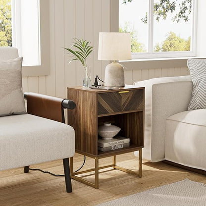 Masupu Extra Large Nightstand with Charging Station,Boho Night Stand Modern Farmhouse Wood Bedside Table with Storage Drawer and Open Shelf,Side End Table for Bedroom,Living Room,Office Brown