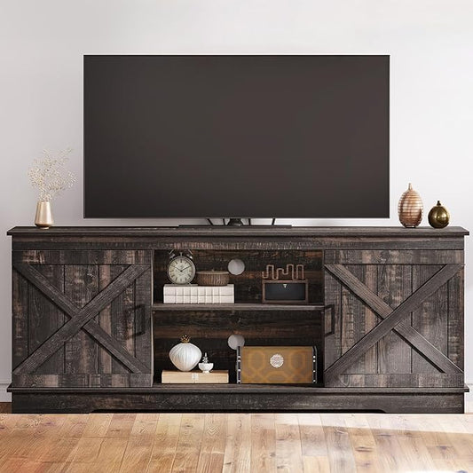 DWVO Farmhouse TV Stands for Living Room, Entertainment Center with Storage, TV Stand for 65 Inch TV with Double Barn Doors & Storage Cabinets, Rustic TV Cabinet Media Console, Dark Oak