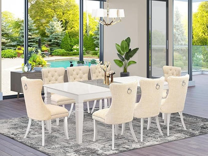 East West Furniture LGDA9-LWH-32 9 Piece Dining Table Set Includes a Rectangle Kitchen Table with Butterfly Leaf and 8 Polyester Fabric Padded Chairs, 42x84 Inch, linen white