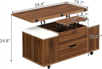 Merax Multi-Functional Lift-Top Coffee Table with Hidden Storage and Stools,Multi-Function Modern Center Table with 4 Stools and Casters,Perfect for Modern Living Spaces, Walnut & White