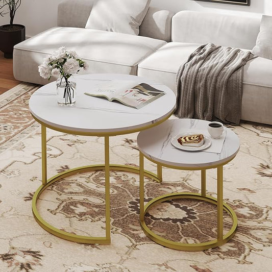 Nesting Tables Set of 2, Round Coffee Table, Small Nesting Coffee Table with Adjustable Non-Slip Fee, White Marble Top Stack Nesting Tables Set of 2 for Living Room, Bedroom (White)